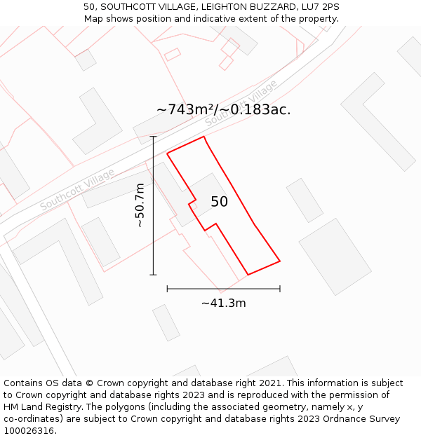 50, SOUTHCOTT VILLAGE, LEIGHTON BUZZARD, LU7 2PS: Plot and title map