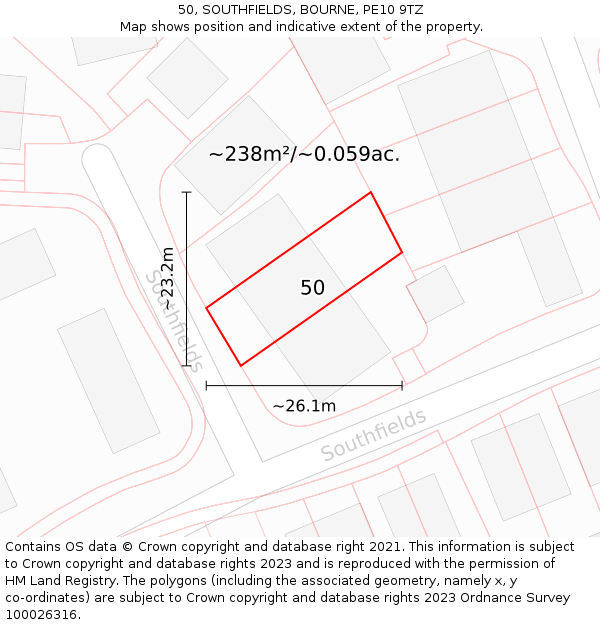 50, SOUTHFIELDS, BOURNE, PE10 9TZ: Plot and title map