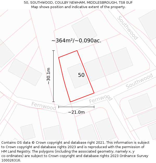50, SOUTHWOOD, COULBY NEWHAM, MIDDLESBROUGH, TS8 0UF: Plot and title map