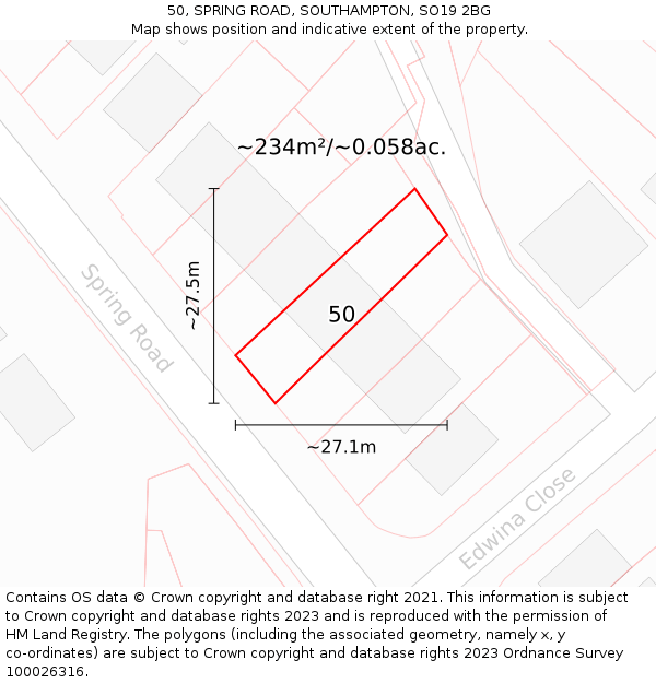 50, SPRING ROAD, SOUTHAMPTON, SO19 2BG: Plot and title map