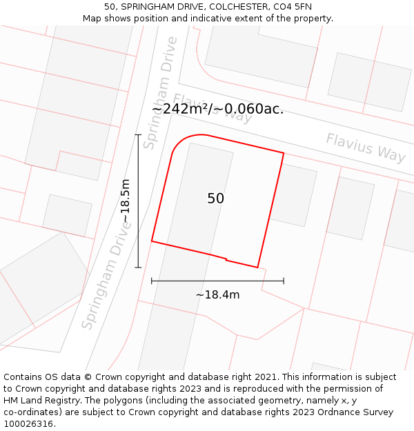50, SPRINGHAM DRIVE, COLCHESTER, CO4 5FN: Plot and title map