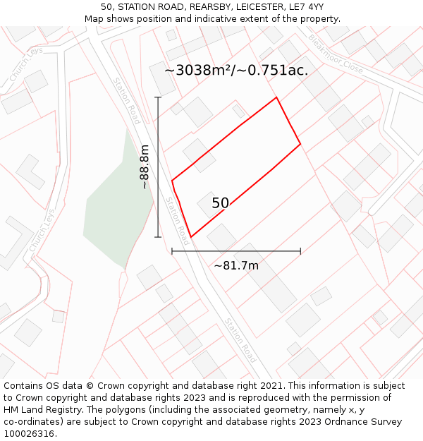 50, STATION ROAD, REARSBY, LEICESTER, LE7 4YY: Plot and title map