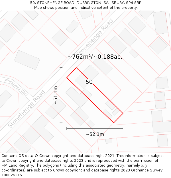 50, STONEHENGE ROAD, DURRINGTON, SALISBURY, SP4 8BP: Plot and title map
