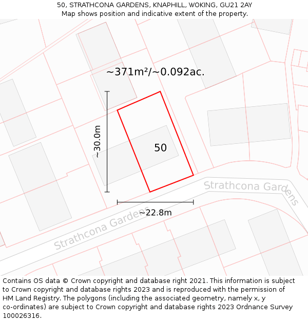 50, STRATHCONA GARDENS, KNAPHILL, WOKING, GU21 2AY: Plot and title map