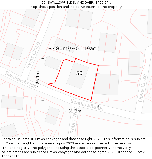 50, SWALLOWFIELDS, ANDOVER, SP10 5PN: Plot and title map