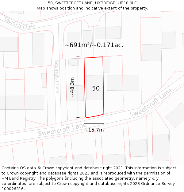 50, SWEETCROFT LANE, UXBRIDGE, UB10 9LE: Plot and title map