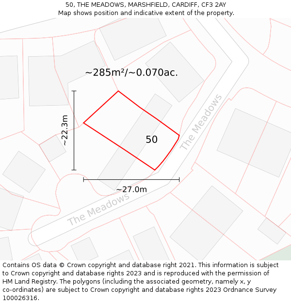 50, THE MEADOWS, MARSHFIELD, CARDIFF, CF3 2AY: Plot and title map