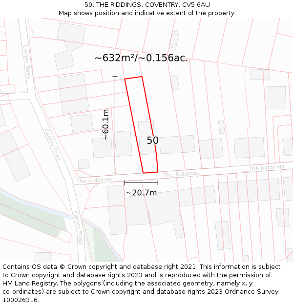 50, THE RIDDINGS, COVENTRY, CV5 6AU: Plot and title map