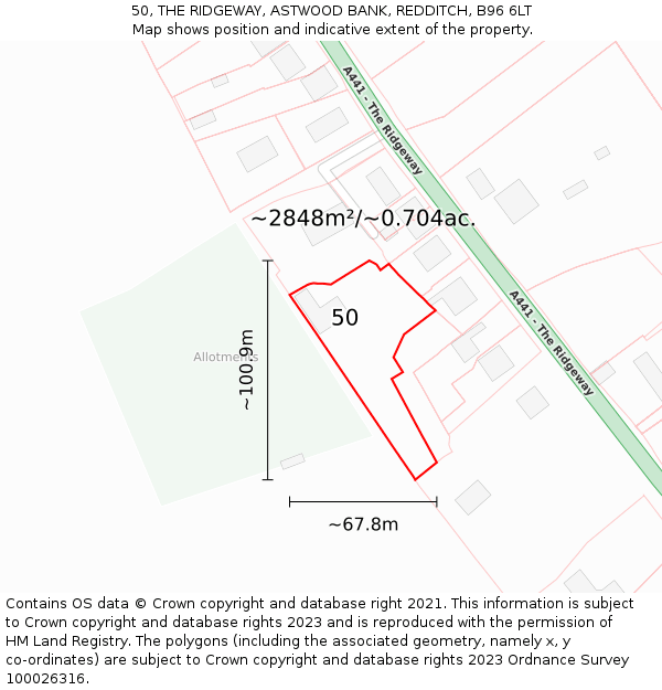50, THE RIDGEWAY, ASTWOOD BANK, REDDITCH, B96 6LT: Plot and title map