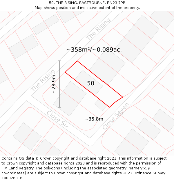 50, THE RISING, EASTBOURNE, BN23 7PR: Plot and title map