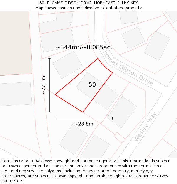 50, THOMAS GIBSON DRIVE, HORNCASTLE, LN9 6RX: Plot and title map