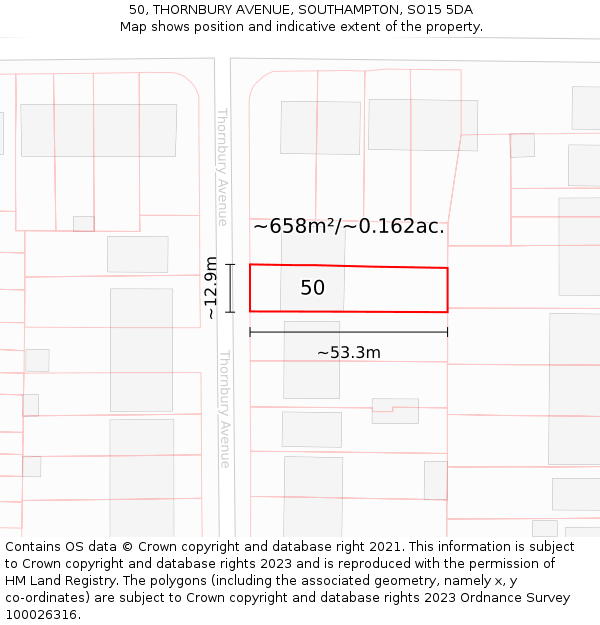 50, THORNBURY AVENUE, SOUTHAMPTON, SO15 5DA: Plot and title map