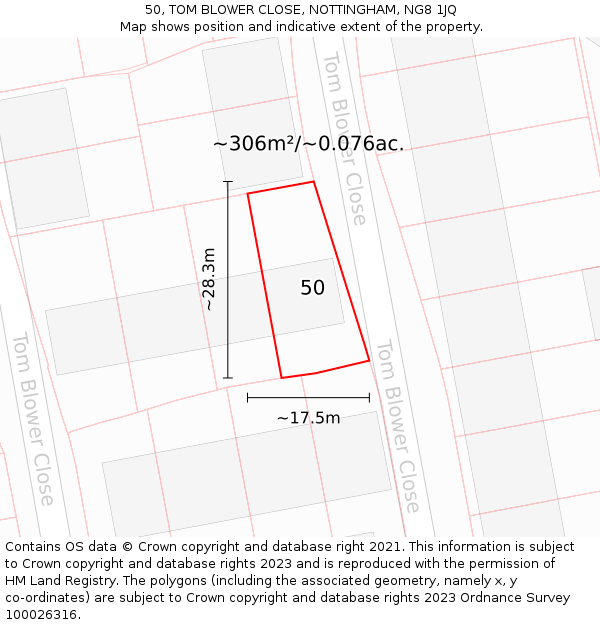 50, TOM BLOWER CLOSE, NOTTINGHAM, NG8 1JQ: Plot and title map