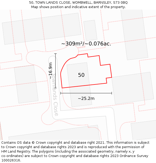 50, TOWN LANDS CLOSE, WOMBWELL, BARNSLEY, S73 0BQ: Plot and title map