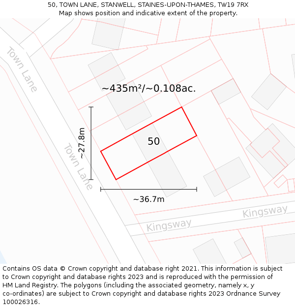 50, TOWN LANE, STANWELL, STAINES-UPON-THAMES, TW19 7RX: Plot and title map