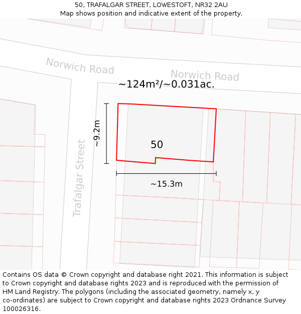 50, TRAFALGAR STREET, LOWESTOFT, NR32 2AU: Plot and title map