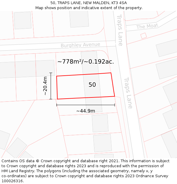 50, TRAPS LANE, NEW MALDEN, KT3 4SA: Plot and title map
