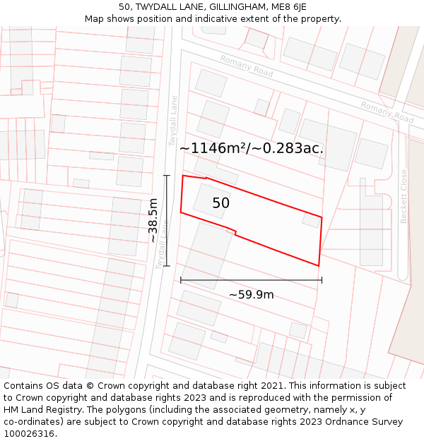 50, TWYDALL LANE, GILLINGHAM, ME8 6JE: Plot and title map