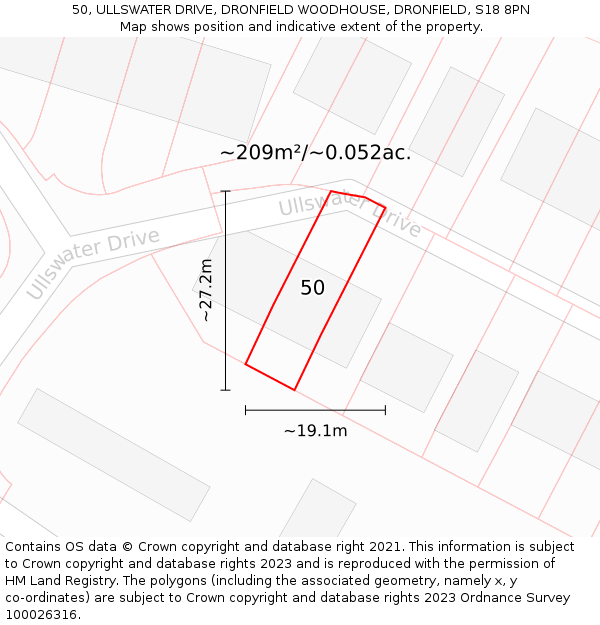 50, ULLSWATER DRIVE, DRONFIELD WOODHOUSE, DRONFIELD, S18 8PN: Plot and title map