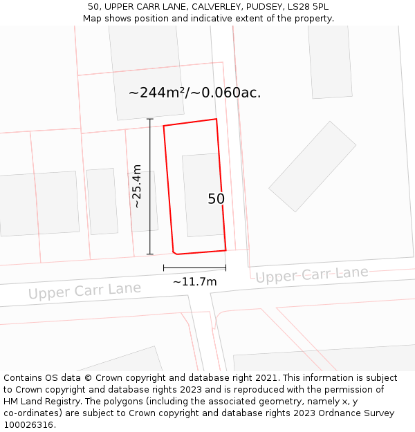 50, UPPER CARR LANE, CALVERLEY, PUDSEY, LS28 5PL: Plot and title map