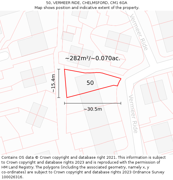 50, VERMEER RIDE, CHELMSFORD, CM1 6GA: Plot and title map