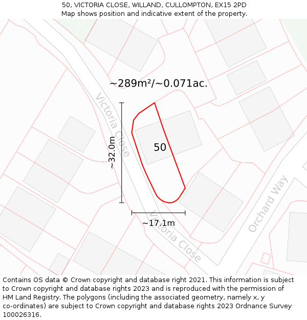 50, VICTORIA CLOSE, WILLAND, CULLOMPTON, EX15 2PD: Plot and title map