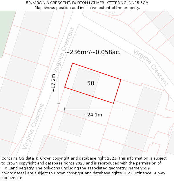 50, VIRGINIA CRESCENT, BURTON LATIMER, KETTERING, NN15 5GA: Plot and title map