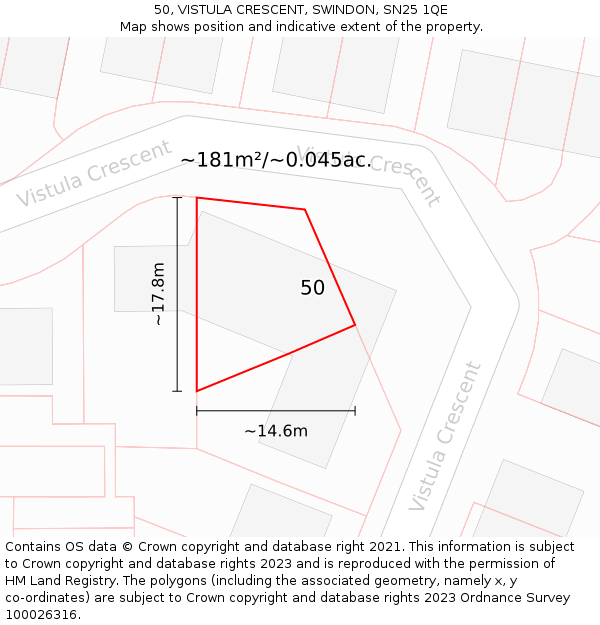 50, VISTULA CRESCENT, SWINDON, SN25 1QE: Plot and title map