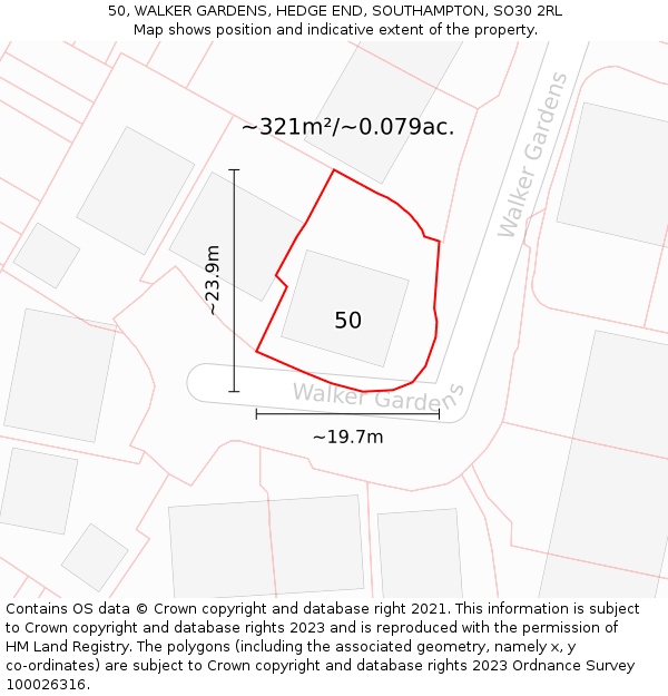 50, WALKER GARDENS, HEDGE END, SOUTHAMPTON, SO30 2RL: Plot and title map