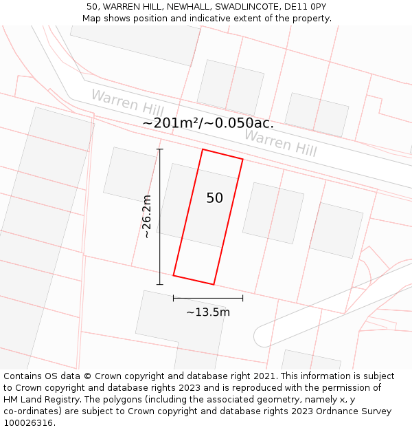 50, WARREN HILL, NEWHALL, SWADLINCOTE, DE11 0PY: Plot and title map