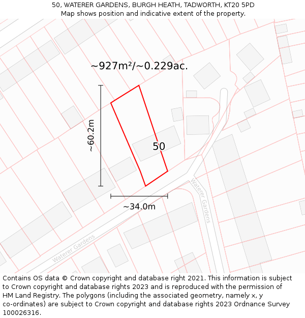 50, WATERER GARDENS, BURGH HEATH, TADWORTH, KT20 5PD: Plot and title map