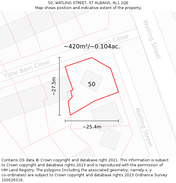 50, WATLING STREET, ST ALBANS, AL1 2QE: Plot and title map