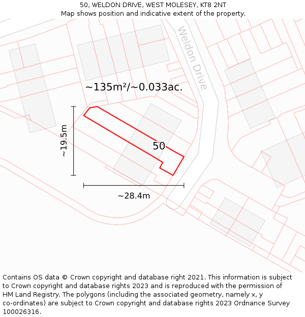 50, WELDON DRIVE, WEST MOLESEY, KT8 2NT: Plot and title map