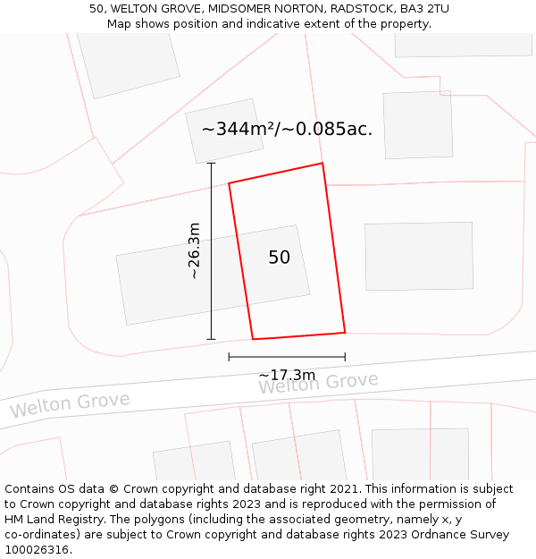 50, WELTON GROVE, MIDSOMER NORTON, RADSTOCK, BA3 2TU: Plot and title map