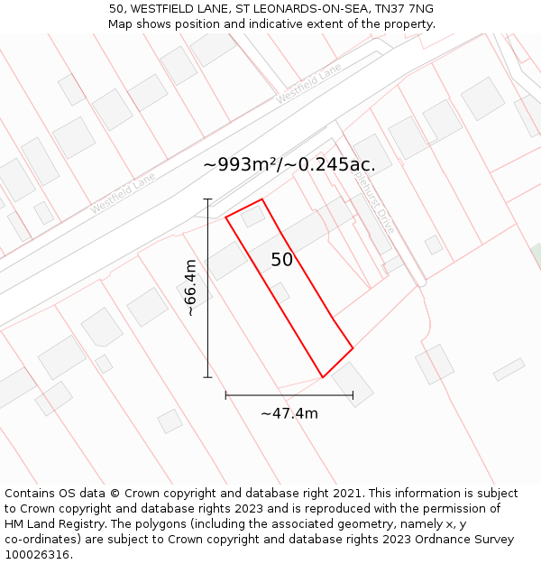 50, WESTFIELD LANE, ST LEONARDS-ON-SEA, TN37 7NG: Plot and title map