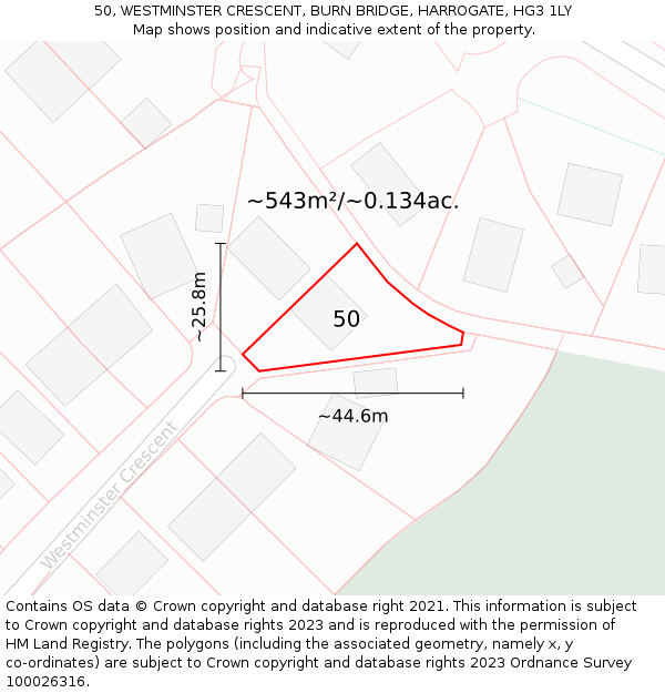 50, WESTMINSTER CRESCENT, BURN BRIDGE, HARROGATE, HG3 1LY: Plot and title map