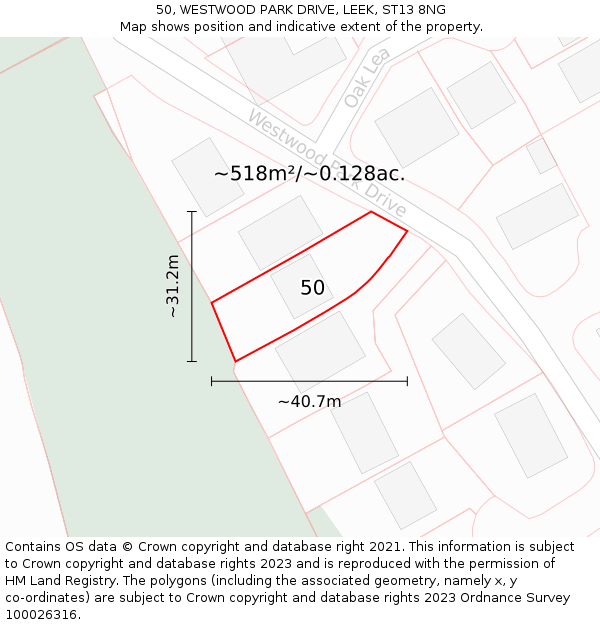 50, WESTWOOD PARK DRIVE, LEEK, ST13 8NG: Plot and title map