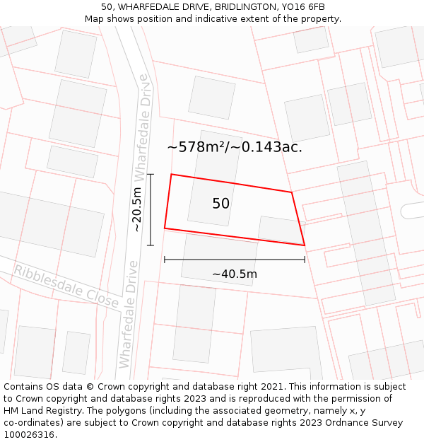 50, WHARFEDALE DRIVE, BRIDLINGTON, YO16 6FB: Plot and title map