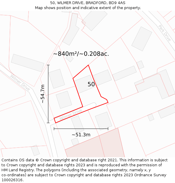 50, WILMER DRIVE, BRADFORD, BD9 4AS: Plot and title map