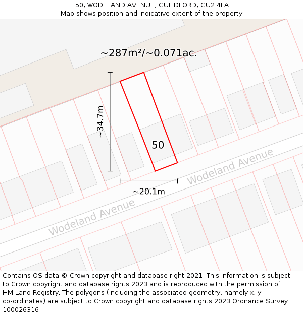 50, WODELAND AVENUE, GUILDFORD, GU2 4LA: Plot and title map