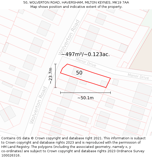50, WOLVERTON ROAD, HAVERSHAM, MILTON KEYNES, MK19 7AA: Plot and title map