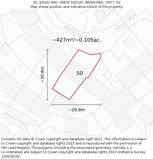 50, WOOD WAY, GREAT NOTLEY, BRAINTREE, CM77 7JS: Plot and title map