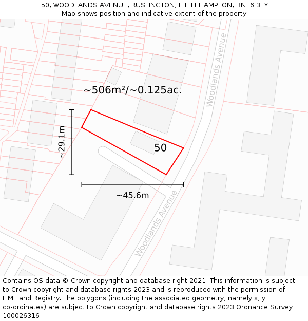 50, WOODLANDS AVENUE, RUSTINGTON, LITTLEHAMPTON, BN16 3EY: Plot and title map