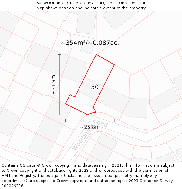 50, WOOLBROOK ROAD, CRAYFORD, DARTFORD, DA1 3RF: Plot and title map