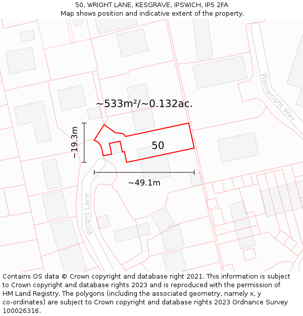 50, WRIGHT LANE, KESGRAVE, IPSWICH, IP5 2FA: Plot and title map