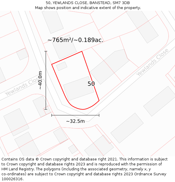 50, YEWLANDS CLOSE, BANSTEAD, SM7 3DB: Plot and title map