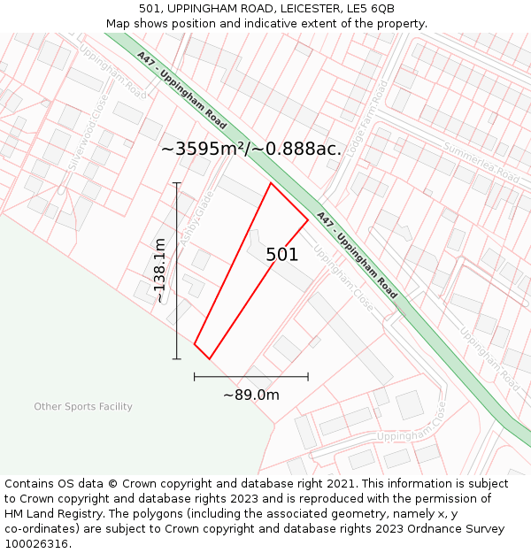 501, UPPINGHAM ROAD, LEICESTER, LE5 6QB: Plot and title map