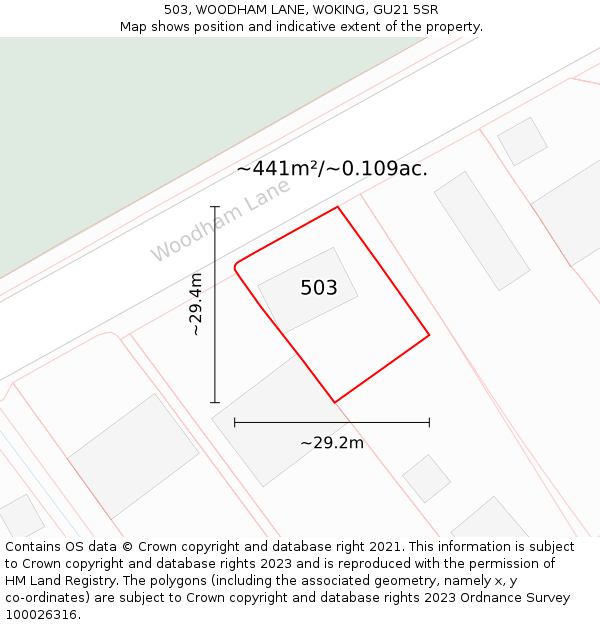 503, WOODHAM LANE, WOKING, GU21 5SR: Plot and title map