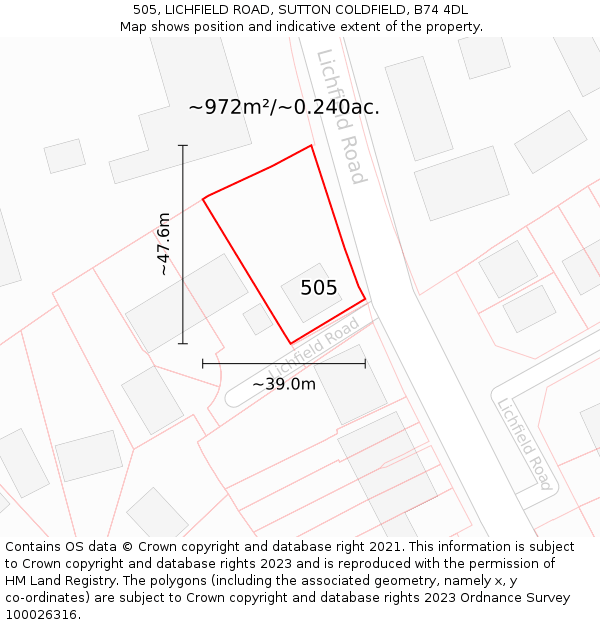 505, LICHFIELD ROAD, SUTTON COLDFIELD, B74 4DL: Plot and title map