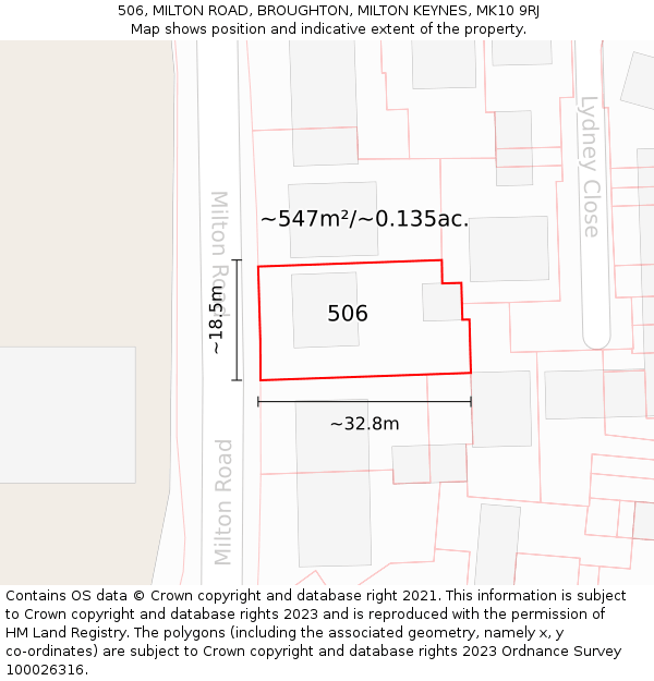 506, MILTON ROAD, BROUGHTON, MILTON KEYNES, MK10 9RJ: Plot and title map